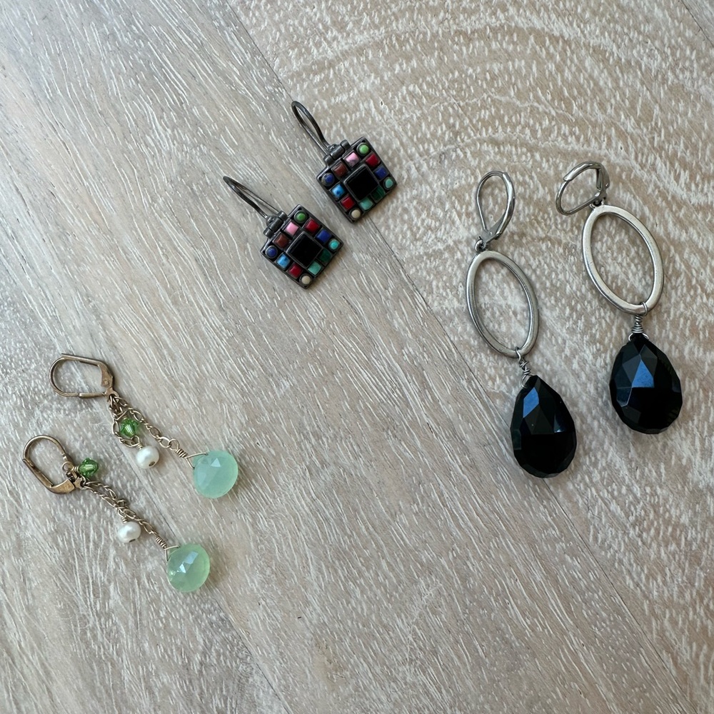 Lot of 3 pairs vintage artisan dangle drop earrings silver black pearl